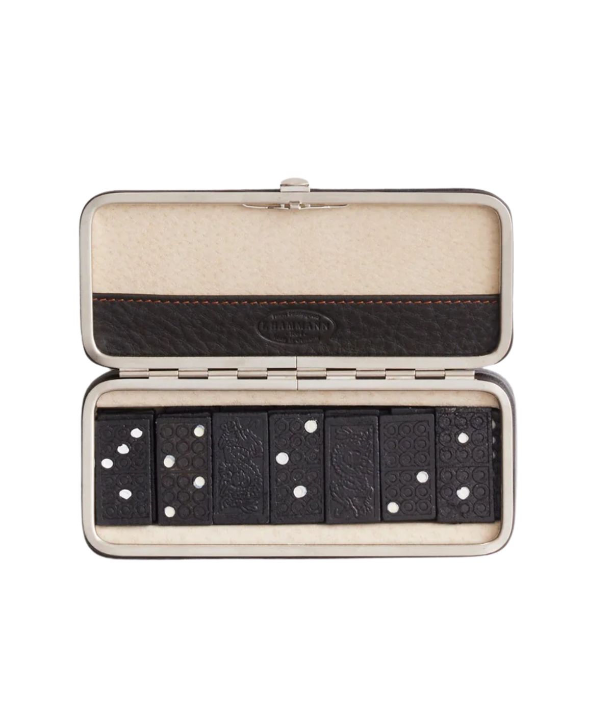 F. Hammann handmade leather dominoes set in brown full-grain leather with beige suede lining and polished frame – luxury game accessory made in Germany.