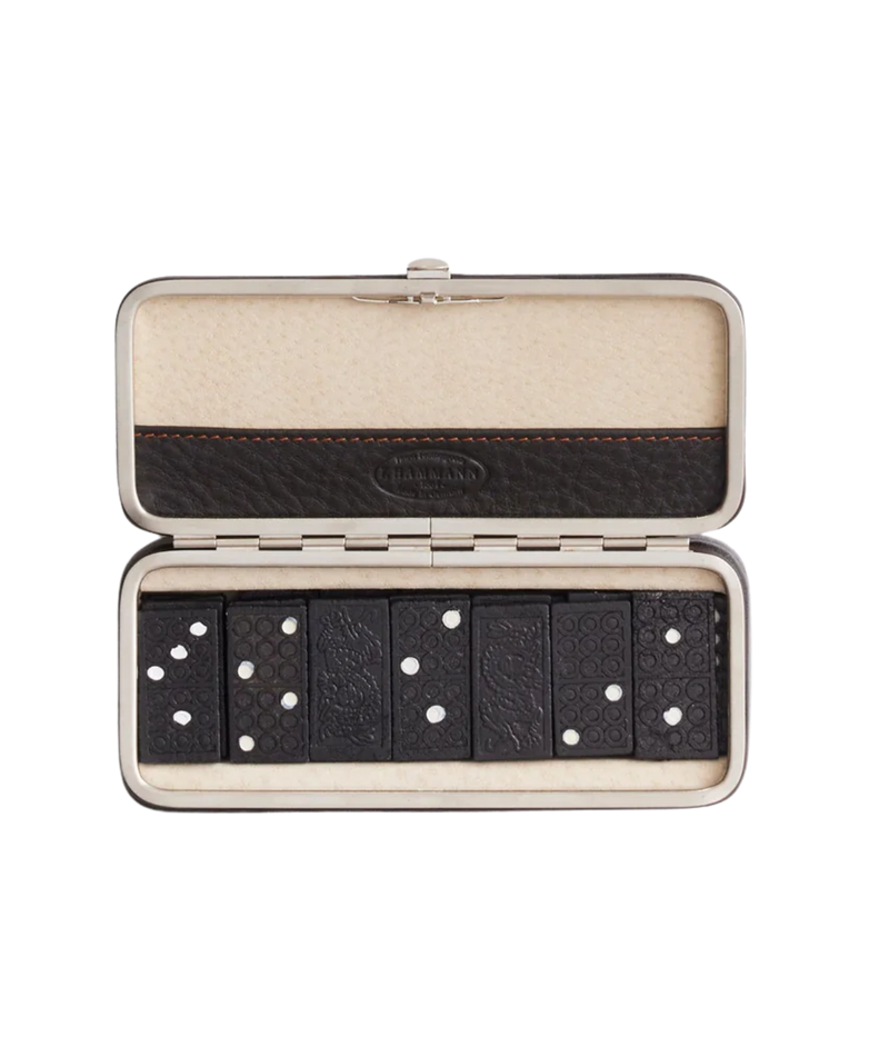 F. Hammann handmade leather dominoes set in brown full-grain leather with beige suede lining and polished frame – luxury game accessory made in Germany.