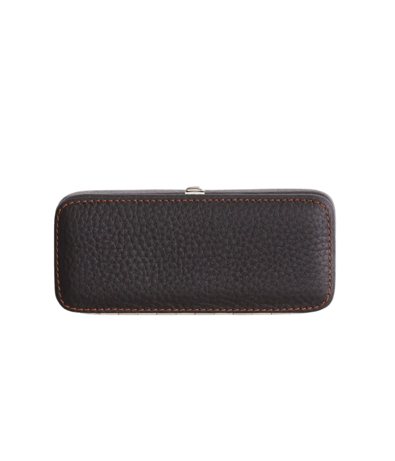 F. Hammann handmade leather dominoes set in brown full-grain leather with beige suede lining and polished frame – luxury game accessory made in Germany.