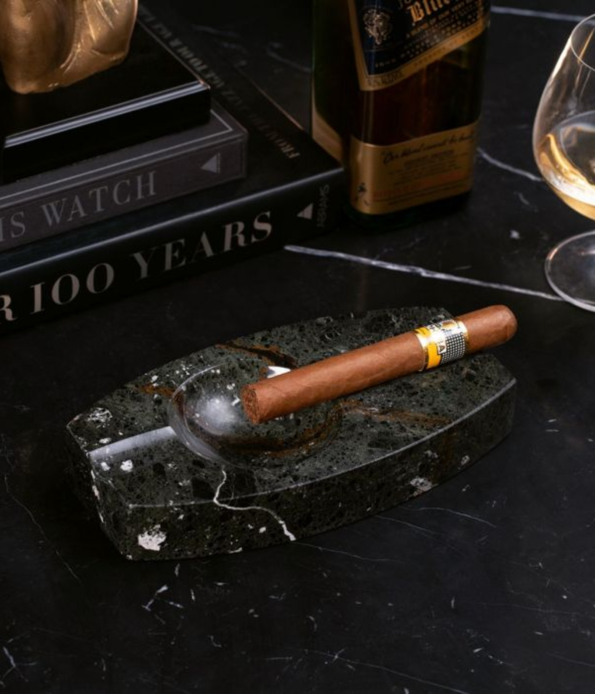 Luxury black “Zebra” marble two-cigar ashtray – perfect gift for cigar lovers.
