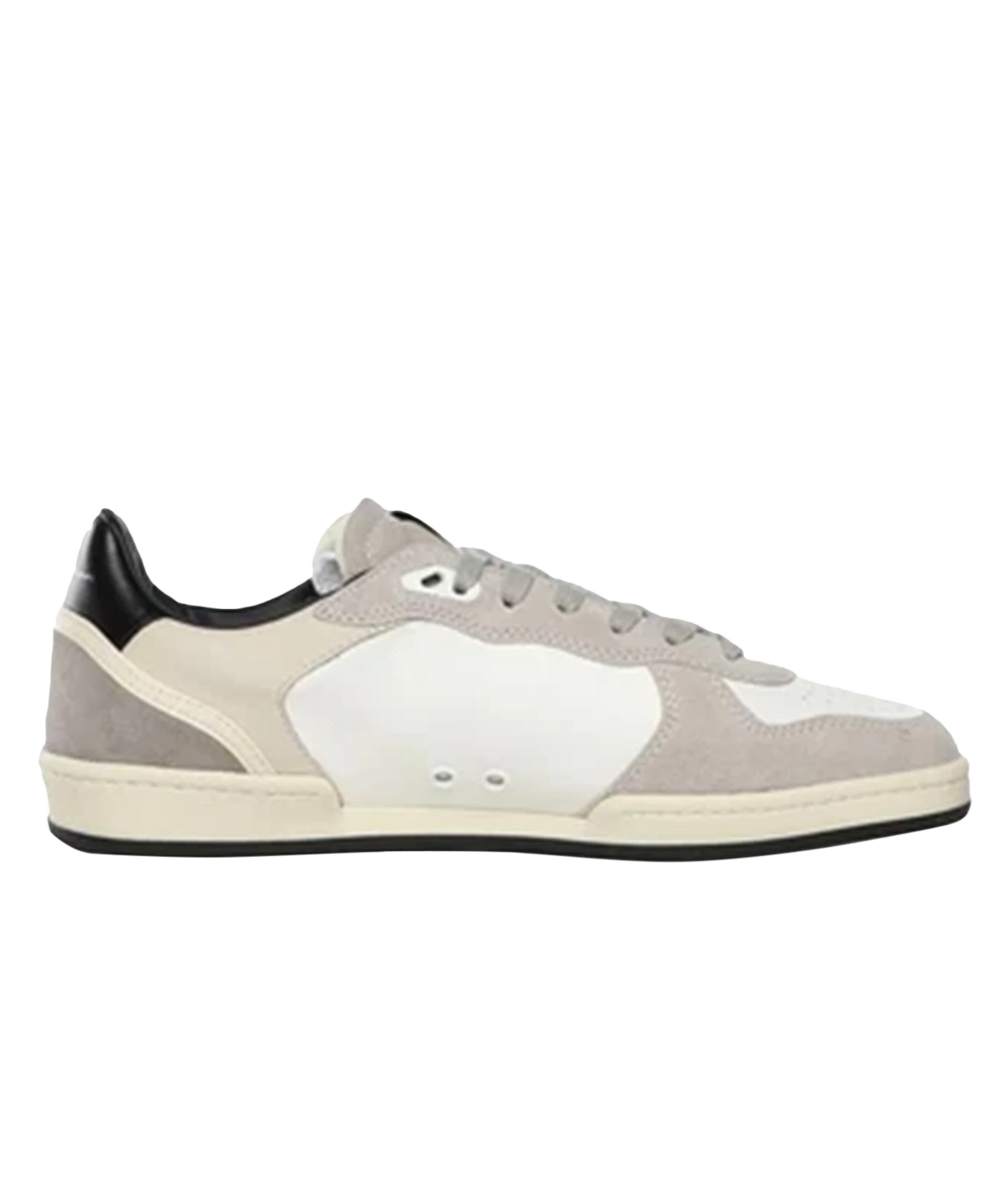 A low-top sneaker in light gray suede and white leather with a cream midsole and a black heel accent, shown in a side profile on a white background.