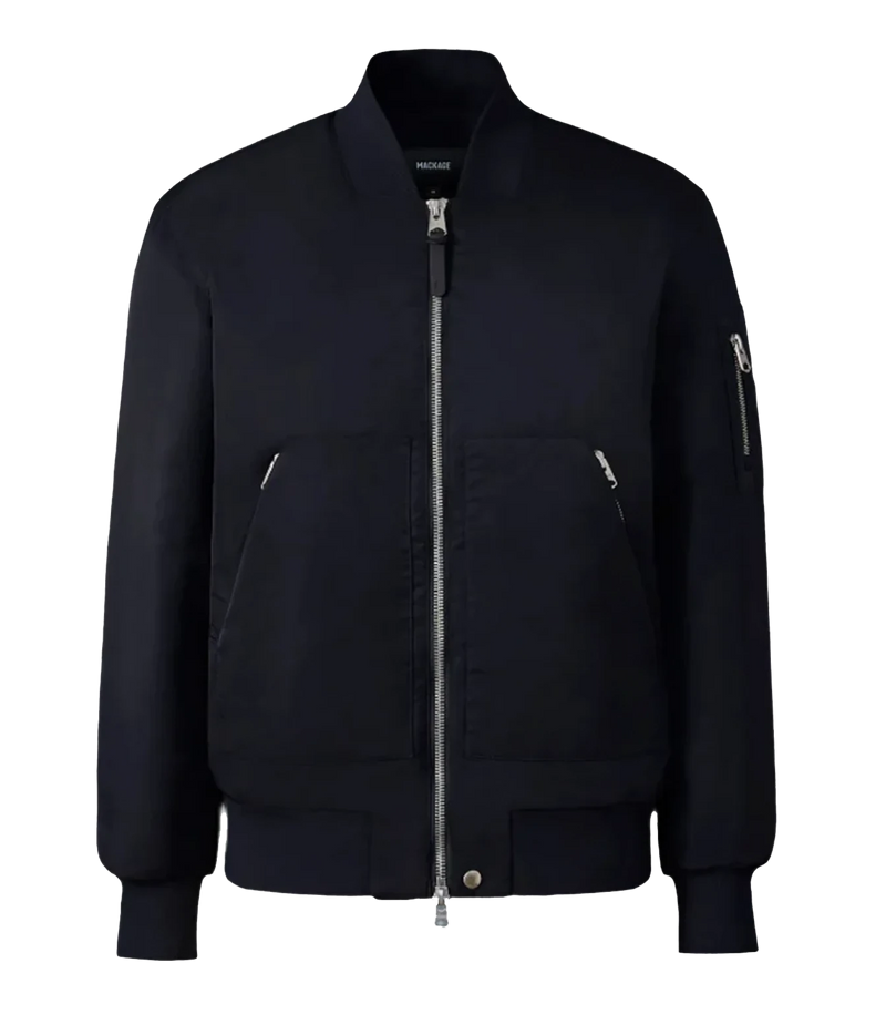 A dark navy blue bomber jacket with silver zippers, shown on a plain white background.