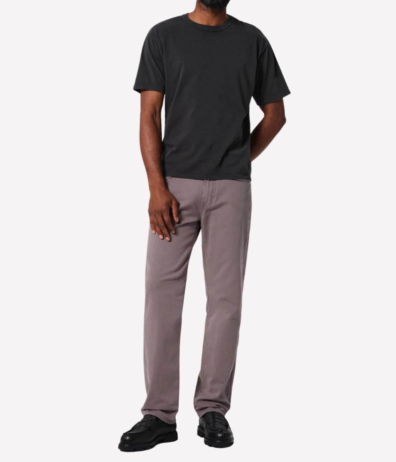 Straight-leg fit pants in a sleek slate dark grey wash, offering a relaxed and comfortable style with midweight stretch linen. 