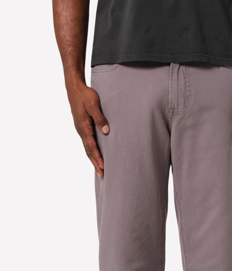 Straight-leg fit pants in a sleek slate dark grey wash, offering a relaxed and comfortable style with midweight stretch linen. 