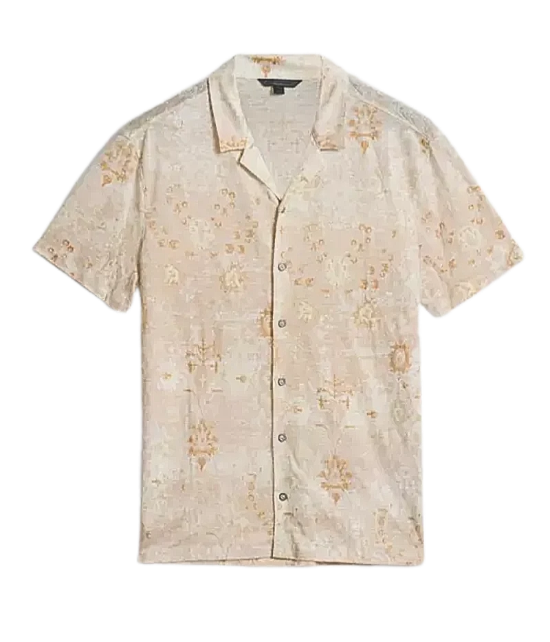 Camp collar shirt with a vintage Persian rug print, featuring short sleeves, a concealed button placket, and antiqued brushed metal buttons.