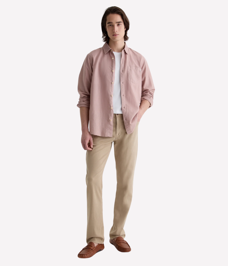 AG Everett slim straight jeans in Café Con Leche, crafted from breathable twill linen blend with a tapered leg and mid-rise fit.