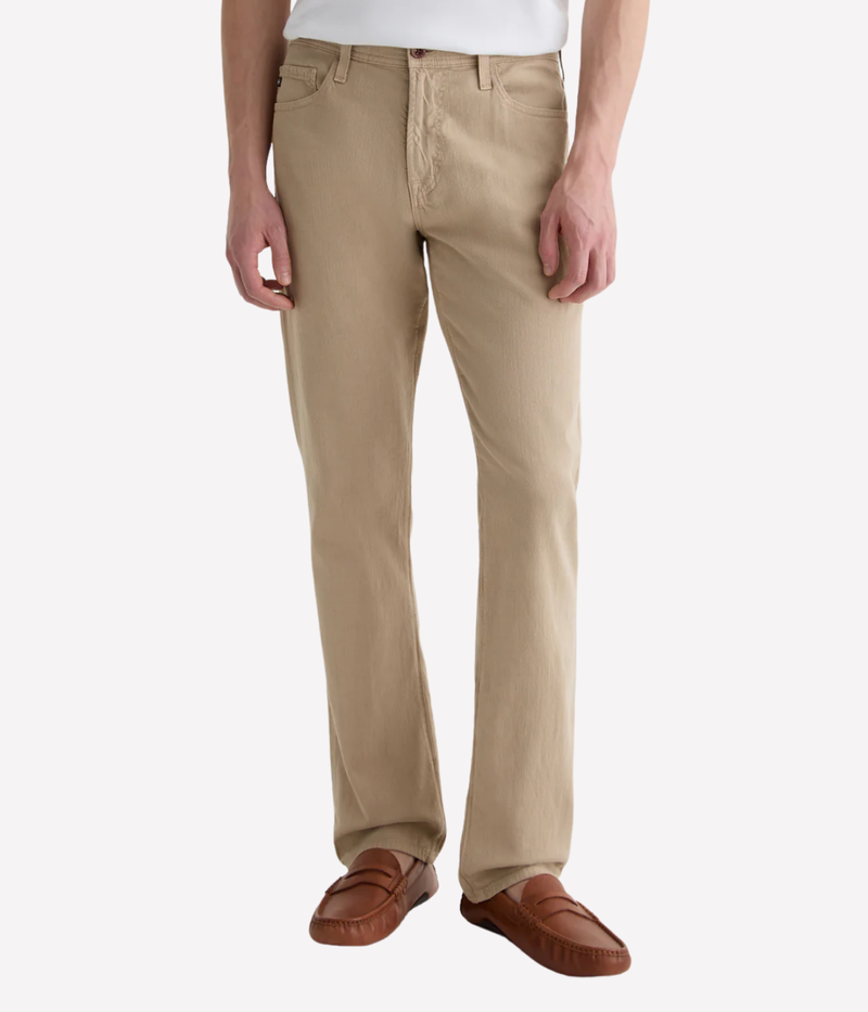 AG Everett slim straight jeans in Café Con Leche, crafted from breathable twill linen blend with a tapered leg and mid-rise fit.