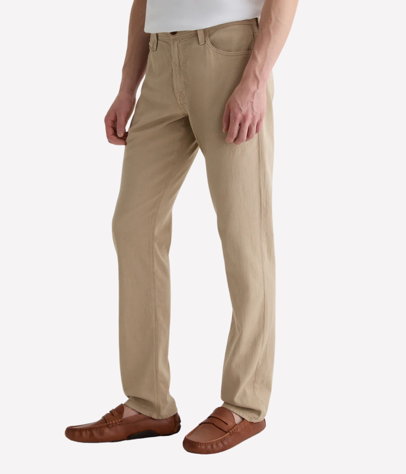 AG Everett slim straight jeans in Café Con Leche, crafted from breathable twill linen blend with a tapered leg and mid-rise fit.