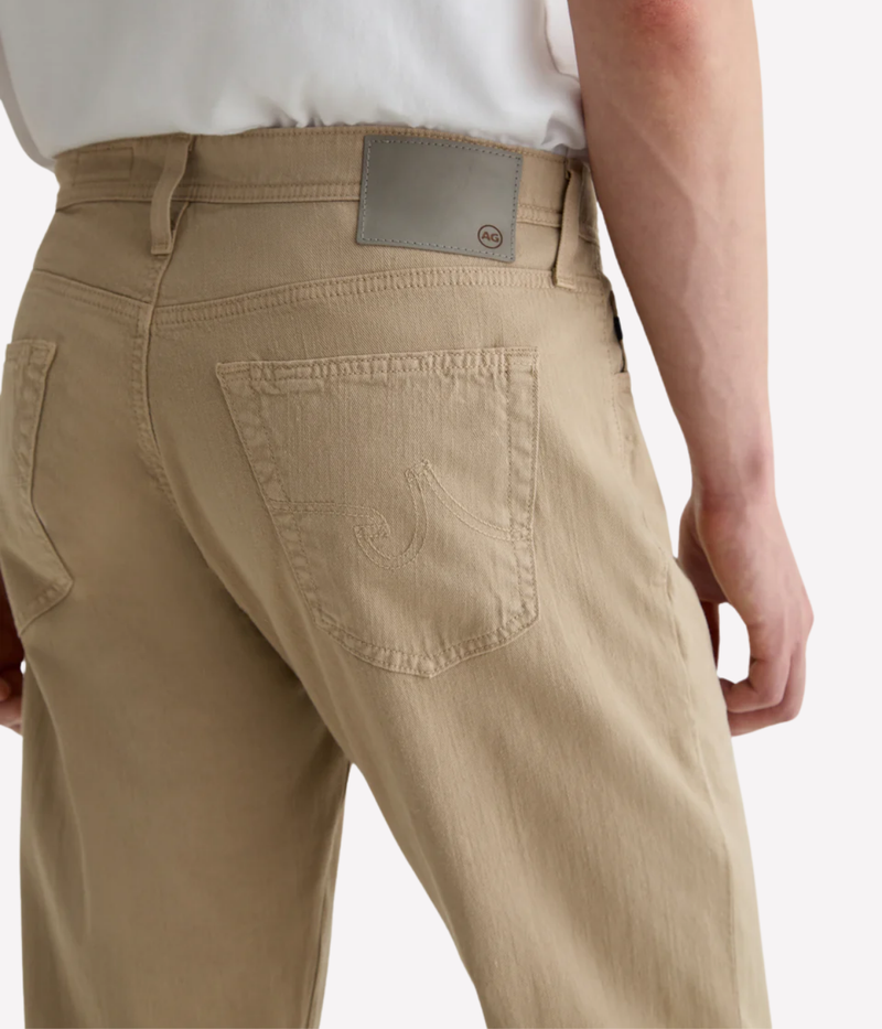 AG Everett slim straight jeans in Café Con Leche, crafted from breathable twill linen blend with a tapered leg and mid-rise fit.
