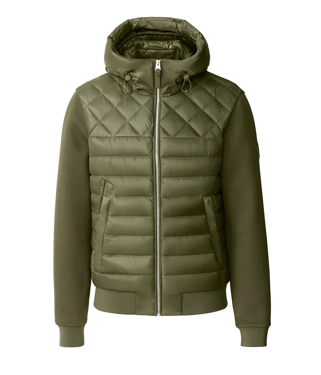 An olive green hooded puffer jacket with a diamond-quilted body, zippered front, and ribbed cuffs and hem, shown on a plain white background.