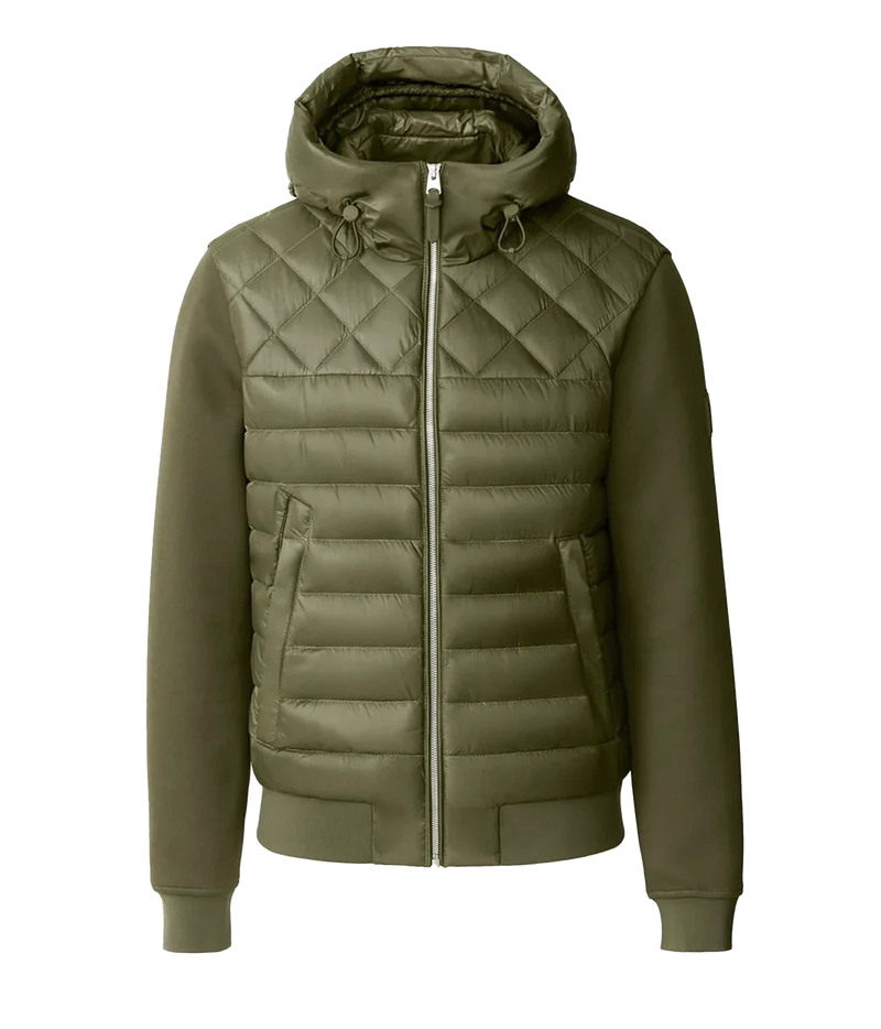 An olive green hooded puffer jacket with a diamond-quilted body, zippered front, and ribbed cuffs and hem, shown on a plain white background.