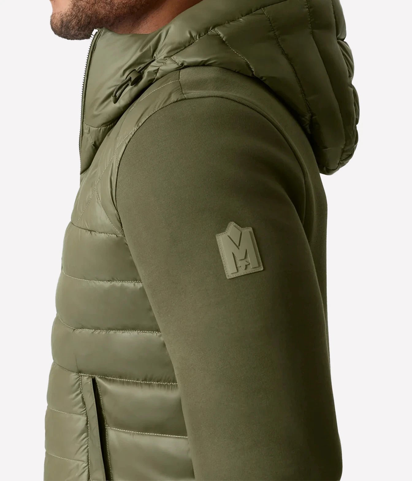Mackage Fletcher Jacket in Light Military - side close up on logo badge 