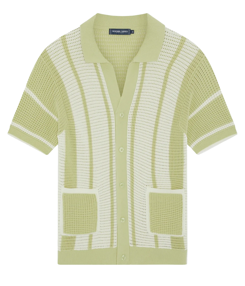 Fabricio Cardigan in 100% cotton with a pointelle knit and striped design. Featuring a relaxed fit, open collar, button-up front with branded mother-of-pearl buttons, front patch pockets, and ribbed hem and cuffs.