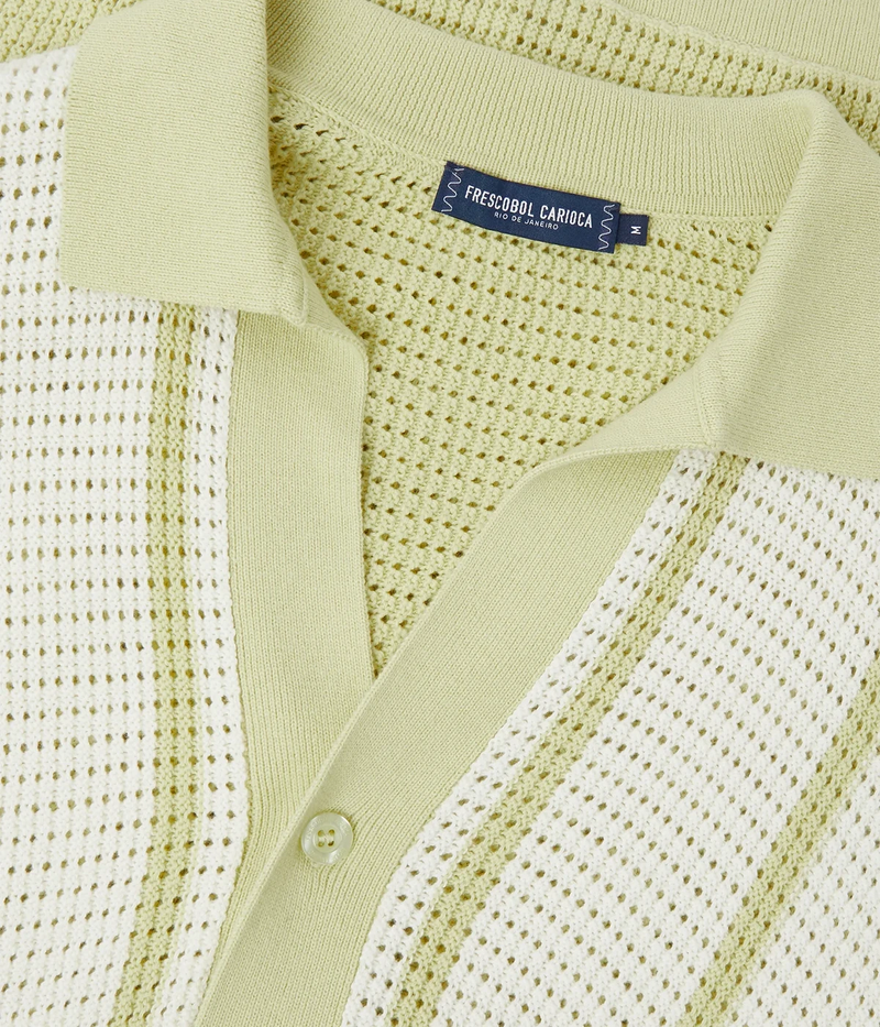Fabricio Cardigan in 100% cotton with a pointelle knit and striped design. Featuring a relaxed fit, open collar, button-up front with branded mother-of-pearl buttons, front patch pockets, and ribbed hem and cuffs.
