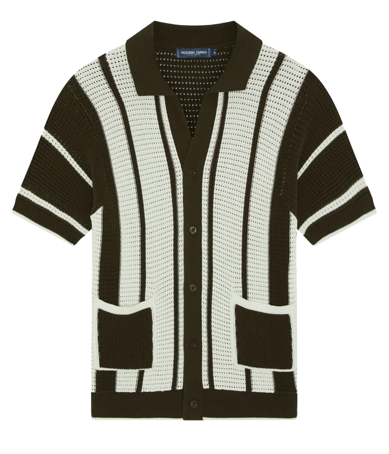 Fabricio Cardigan in 100% cotton with a pointelle knit and striped design. Featuring a relaxed fit, open collar, button-up front with branded mother-of-pearl buttons, front patch pockets, and ribbed hem and cuffs.