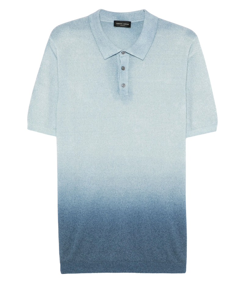 Gradient aqua blue polo shirt with a ribbed hem and cuffs, short front button fastening, and a refined knit texture.