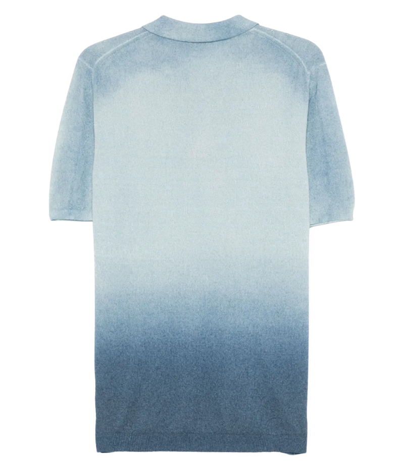 Gradient aqua blue polo shirt with a ribbed hem and cuffs, short front button fastening, and a refined knit texture.