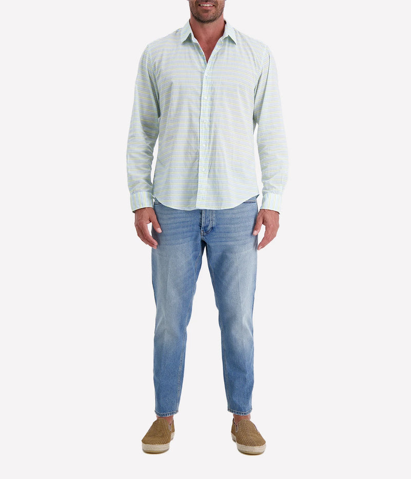 Men’s striped button-up shirt in blue and chartreuse by Frank & Eileen, featuring a relaxed fit, long sleeves, and a lightweight cotton fabric.