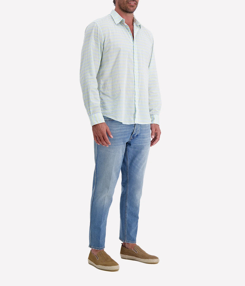 Men’s striped button-up shirt in blue and chartreuse by Frank & Eileen, featuring a relaxed fit, long sleeves, and a lightweight cotton fabric.