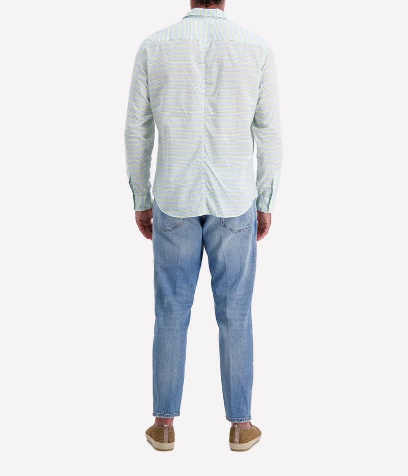 Men’s striped button-up shirt in blue and chartreuse by Frank & Eileen, featuring a relaxed fit, long sleeves, and a lightweight cotton fabric.