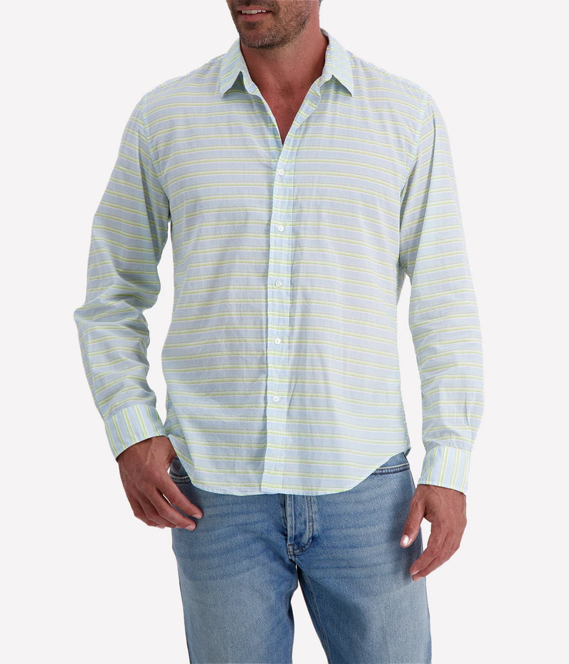 Men’s striped button-up shirt in blue and chartreuse by Frank & Eileen, featuring a relaxed fit, long sleeves, and a lightweight cotton fabric.