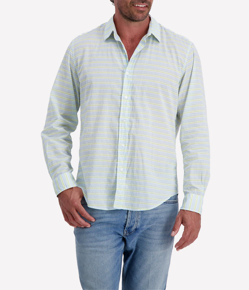 Men’s striped button-up shirt in blue and chartreuse by Frank & Eileen, featuring a relaxed fit, long sleeves, and a lightweight cotton fabric.
