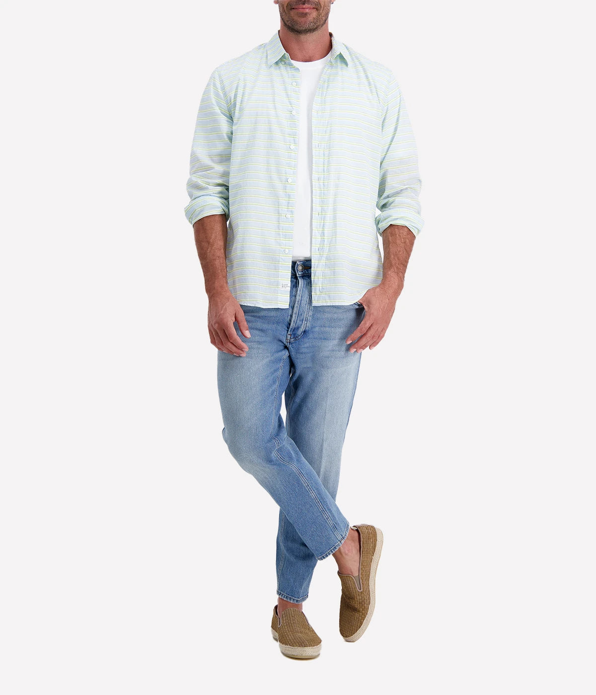 Men’s striped button-up shirt in blue and chartreuse by Frank & Eileen, featuring a relaxed fit, long sleeves, and a lightweight cotton fabric.