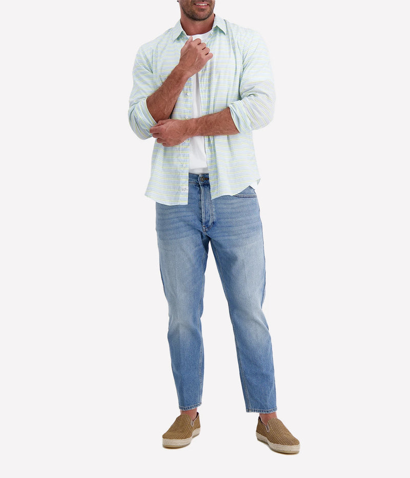 Men’s striped button-up shirt in blue and chartreuse by Frank & Eileen, featuring a relaxed fit, long sleeves, and a lightweight cotton fabric.