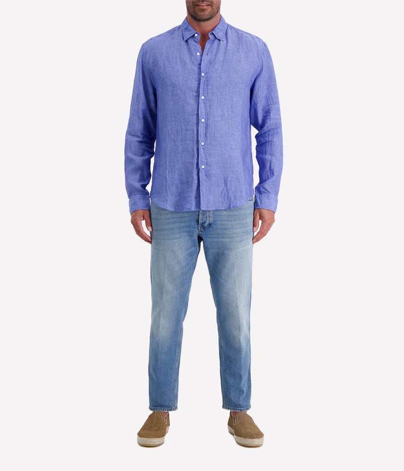 Men’s classic blue linen button-up shirt by Frank & Eileen, featuring a relaxed fit, long sleeves, and lightweight, breathable fabric.