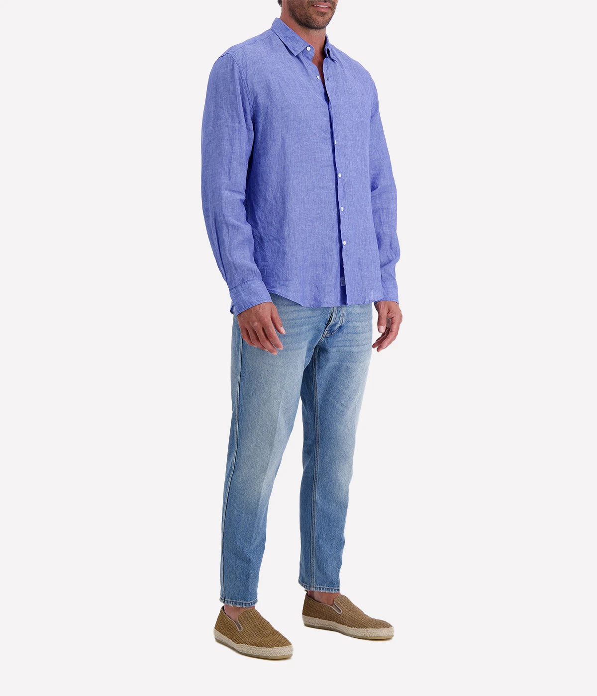 Men’s classic blue linen button-up shirt by Frank & Eileen, featuring a relaxed fit, long sleeves, and lightweight, breathable fabric.