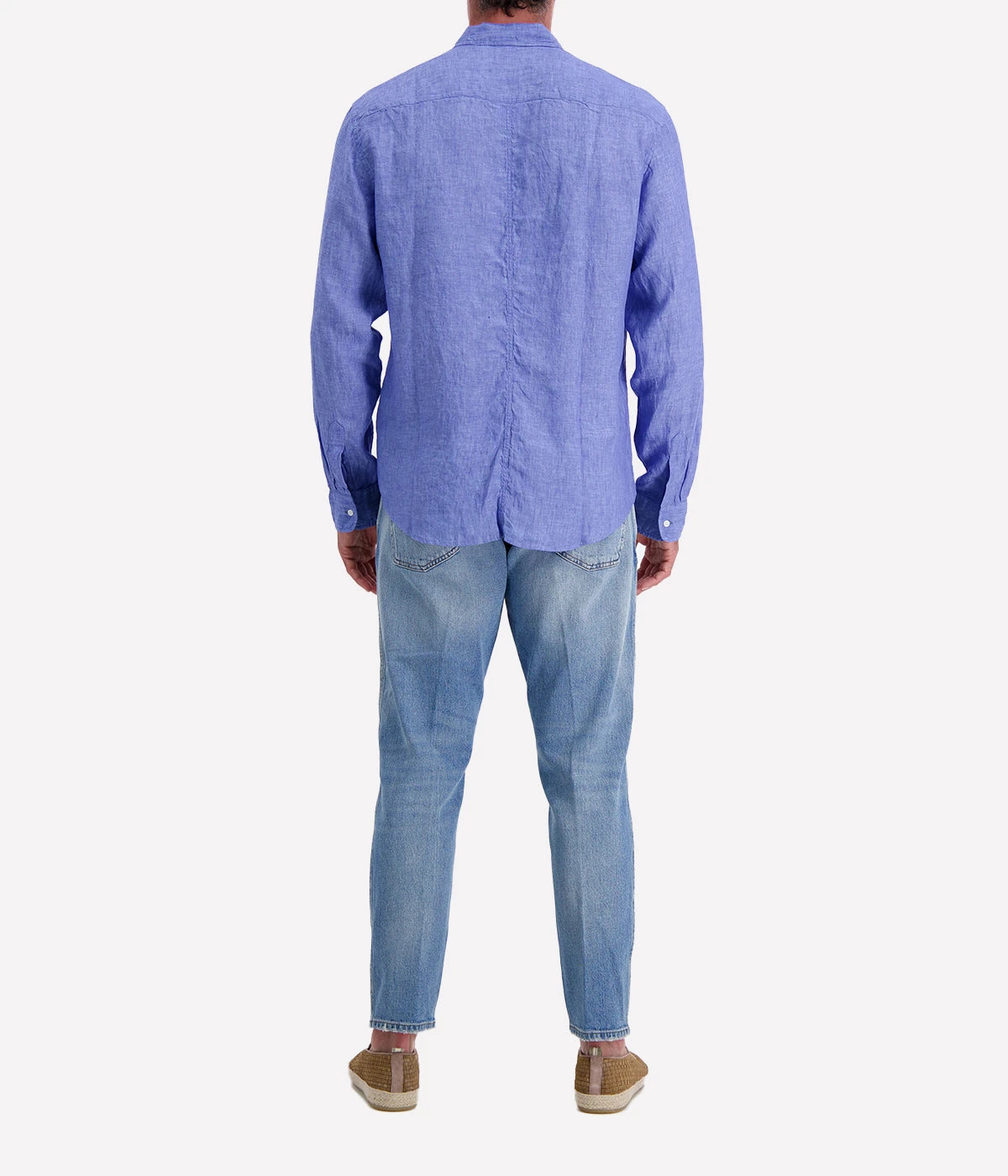 Men’s classic blue linen button-up shirt by Frank & Eileen, featuring a relaxed fit, long sleeves, and lightweight, breathable fabric.