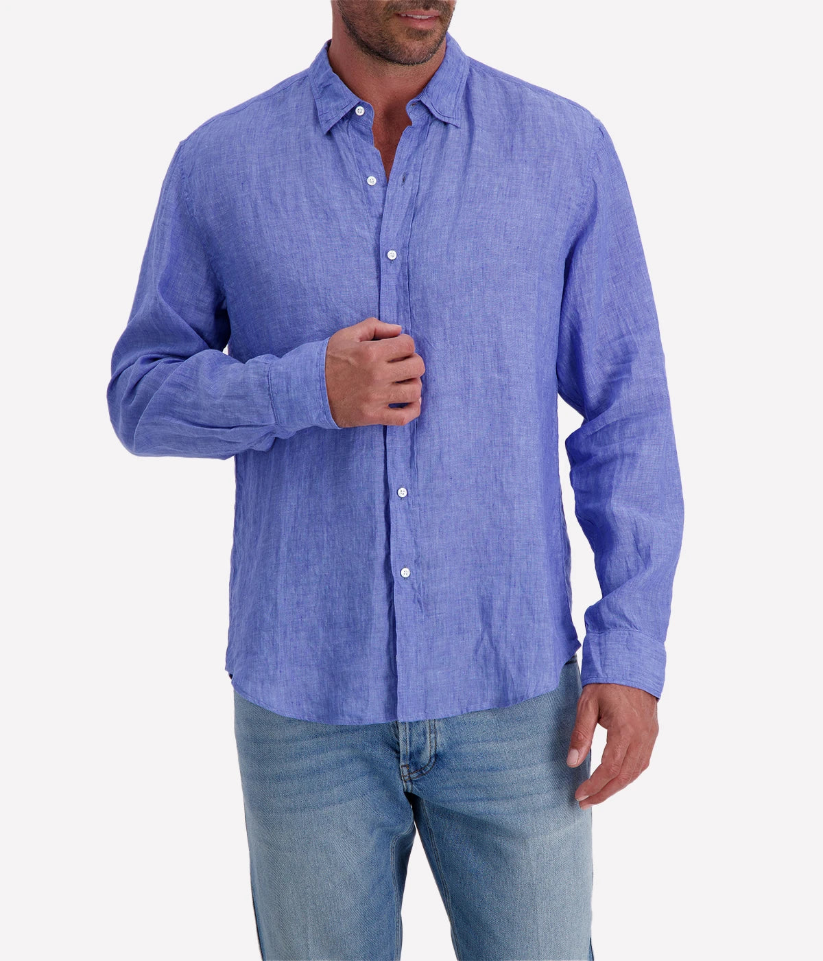 Men’s classic blue linen button-up shirt by Frank & Eileen, featuring a relaxed fit, long sleeves, and lightweight, breathable fabric.