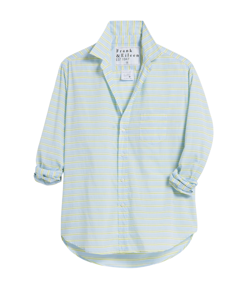 Men’s striped button-up shirt in blue and chartreuse by Frank & Eileen, featuring a relaxed fit, long sleeves, and a lightweight cotton fabric.