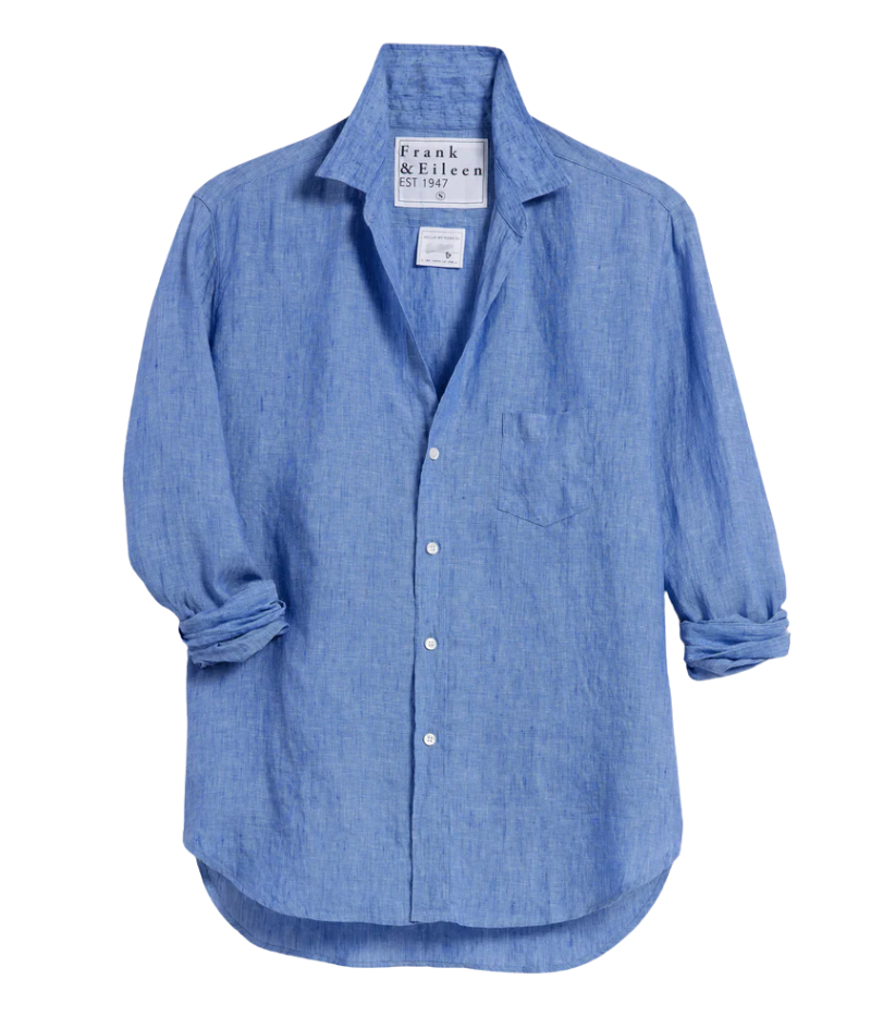 Men’s classic blue linen button-up shirt by Frank & Eileen, featuring a relaxed fit, long sleeves, and lightweight, breathable fabric.