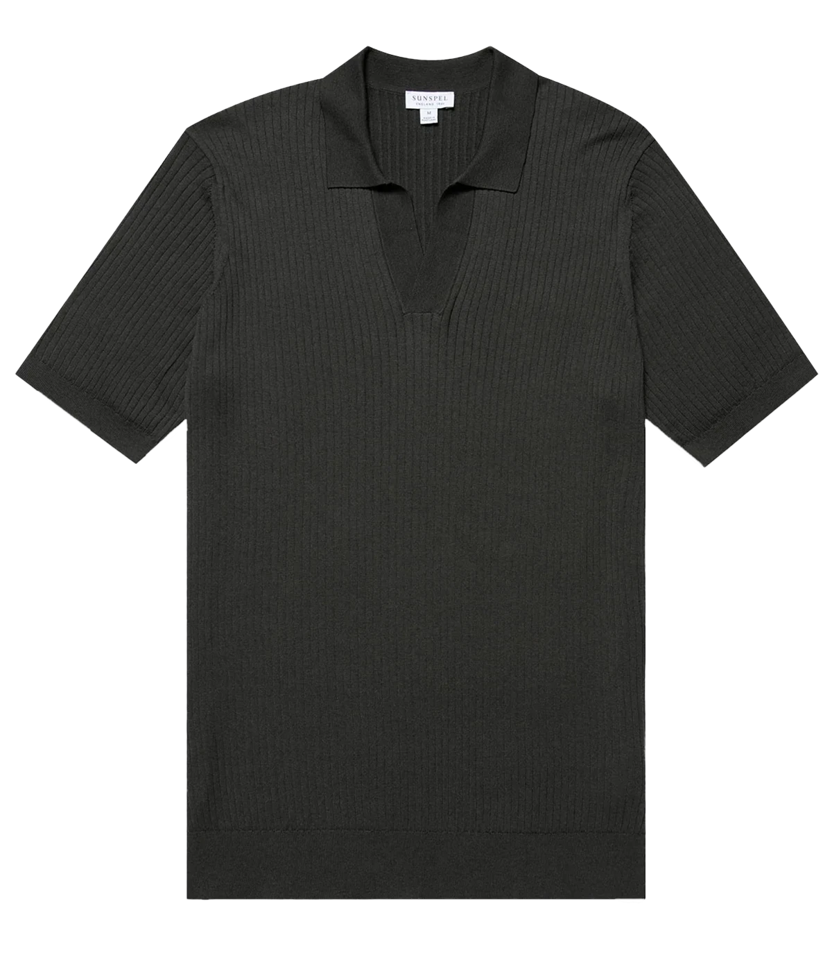 Men’s green cotton-silk knitted polo in a fine rib with a buttonless placket and slim fit—lightweight, refined, and ideal for smart layering.