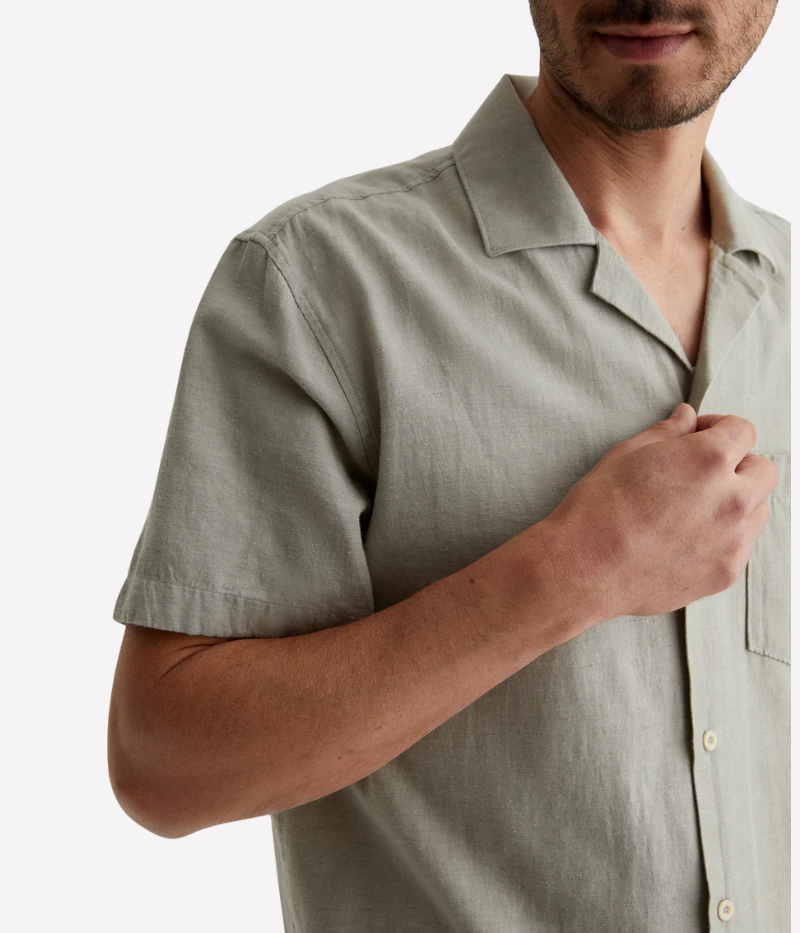 Foster Cabana Shirt in Neutral Green, Brushed Cotton-Hemp Blend, Camp Collar and Short Sleeves for Casual Comfort