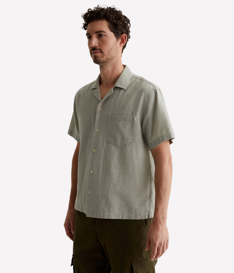 Foster Cabana Shirt in Neutral Green, Brushed Cotton-Hemp Blend, Camp Collar and Short Sleeves for Casual Comfort