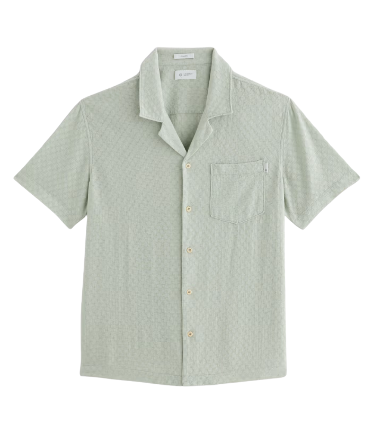 Light green short sleeve camp collar shirt made from lightweight cotton-linen blend with subtle dobby texture and chest pocket – the perfect refined summer shirt.