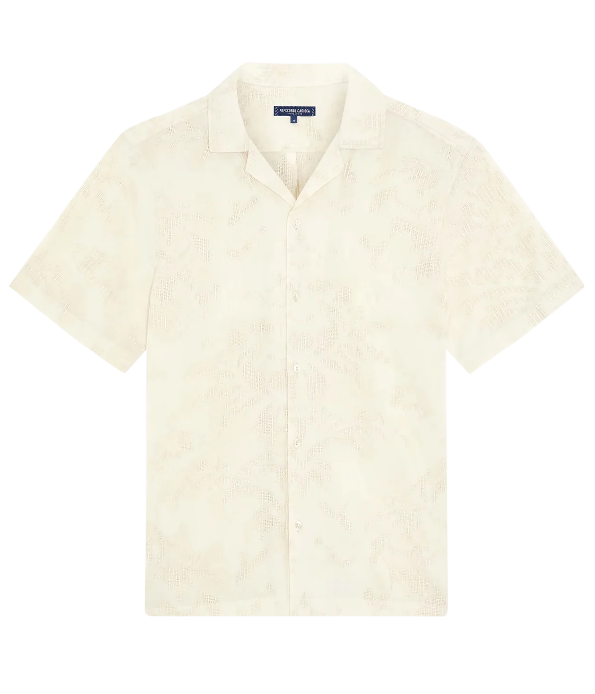 Men’s relaxed-fit short sleeve jacquard shirt with camp collar, imitation mother-of-pearl buttons, and woven pattern inspired by Brazilian rattan design.