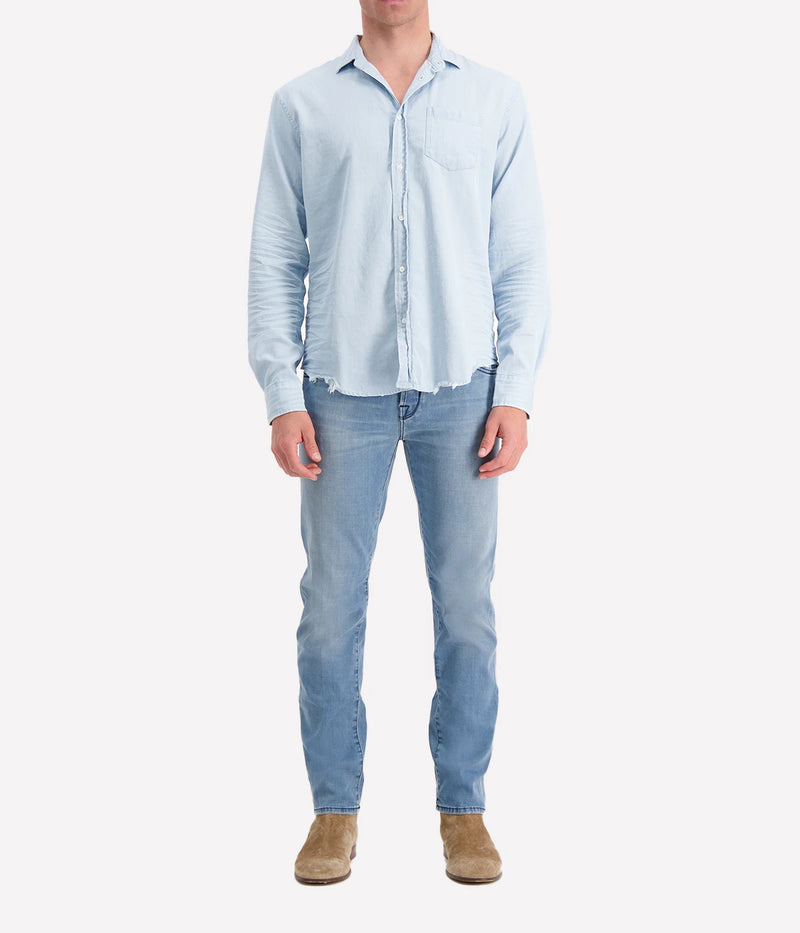 Frank + Eileen Luke Woven Button-Up Shirt in denim blue, made from lightweight 100% cotton for breathable comfort and versatile everyday wear.