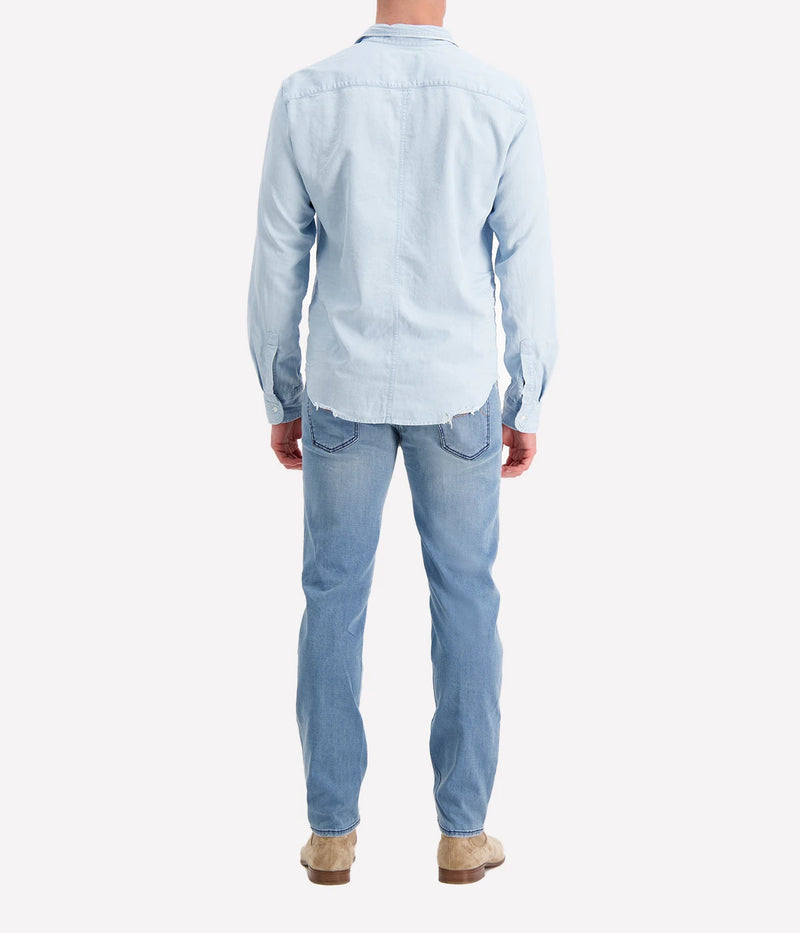 Frank + Eileen Luke Woven Button-Up Shirt in denim blue, made from lightweight 100% cotton for breathable comfort and versatile everyday wear.