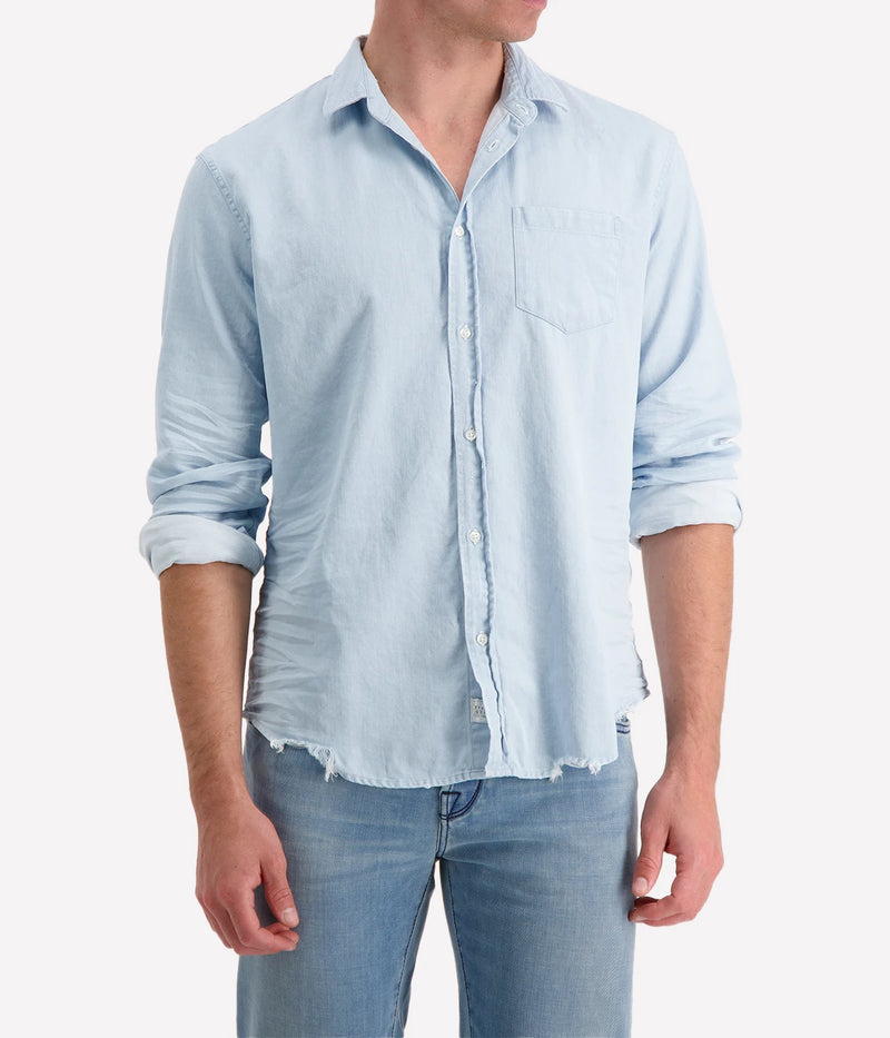 Frank + Eileen Luke Woven Button-Up Shirt in denim blue, made from lightweight 100% cotton for breathable comfort and versatile everyday wear.