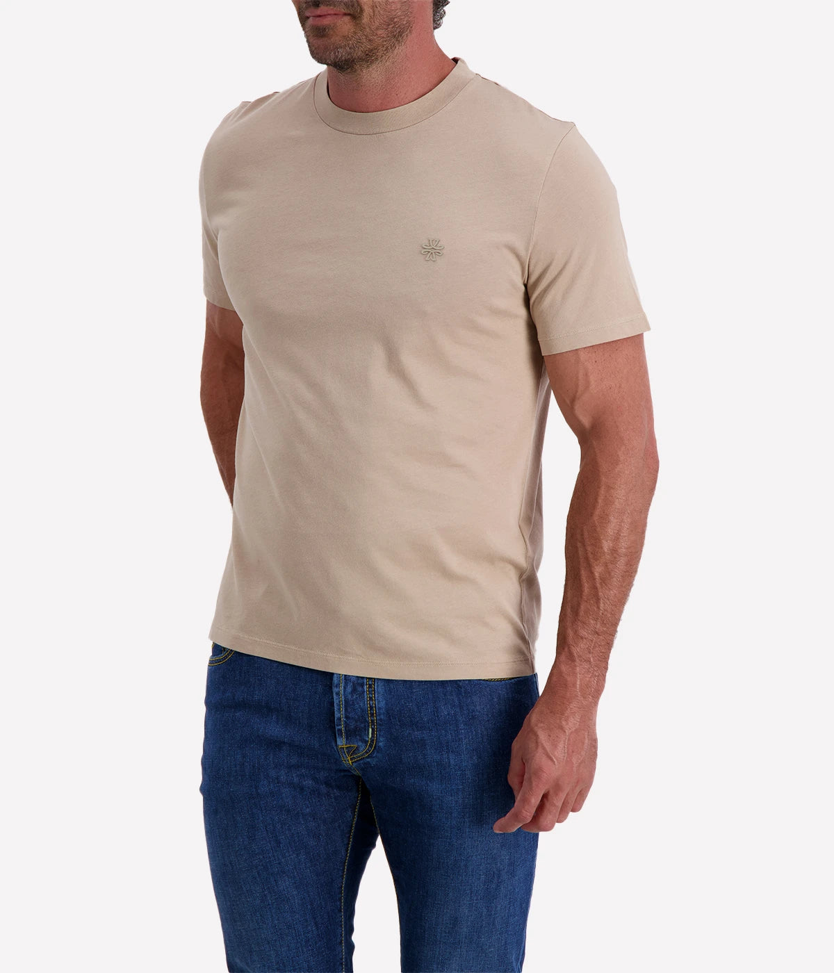 Jacob Cohen beige cotton crewneck T-shirt with a subtle logo on the front, styled for effortless luxury.