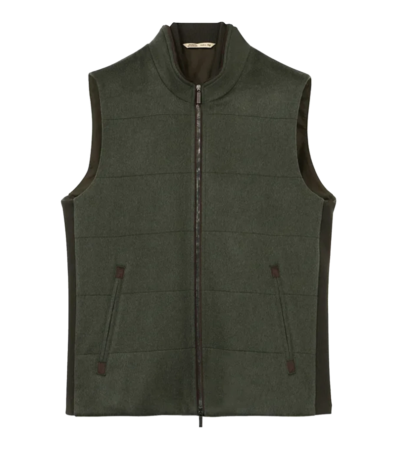Front product view of Maurizio Baldassari Arena Quilted Wool Vest in Dark Olive