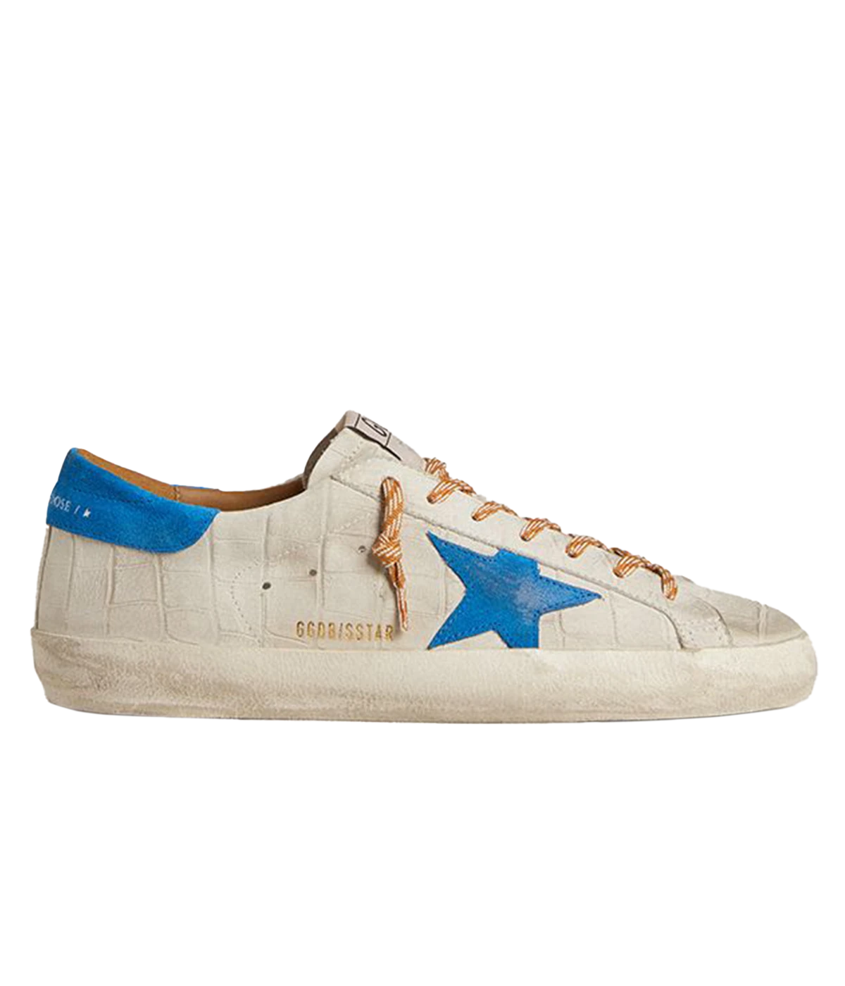 Golden Goose Superstar sneakers with white crocodile-embossed leather, blue suede star and heel tab, and distressed detailing. Made in Italy.