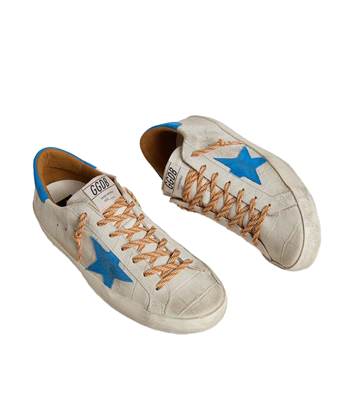 Golden Goose Superstar sneakers with white crocodile-embossed leather, blue suede star and heel tab, and distressed detailing. Made in Italy.