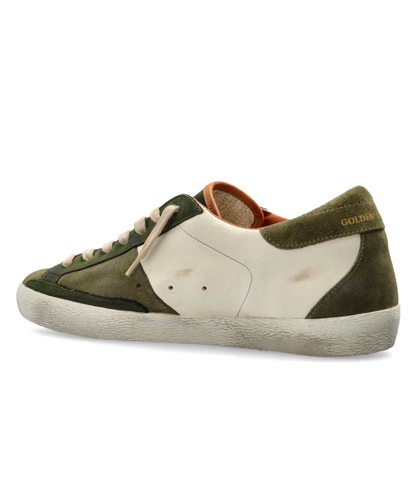A Golden Goose sneaker in olive green suede and off-white leather, featuring a distressed off-white rubber sole and beige laces, shown from a side profile on a white background.