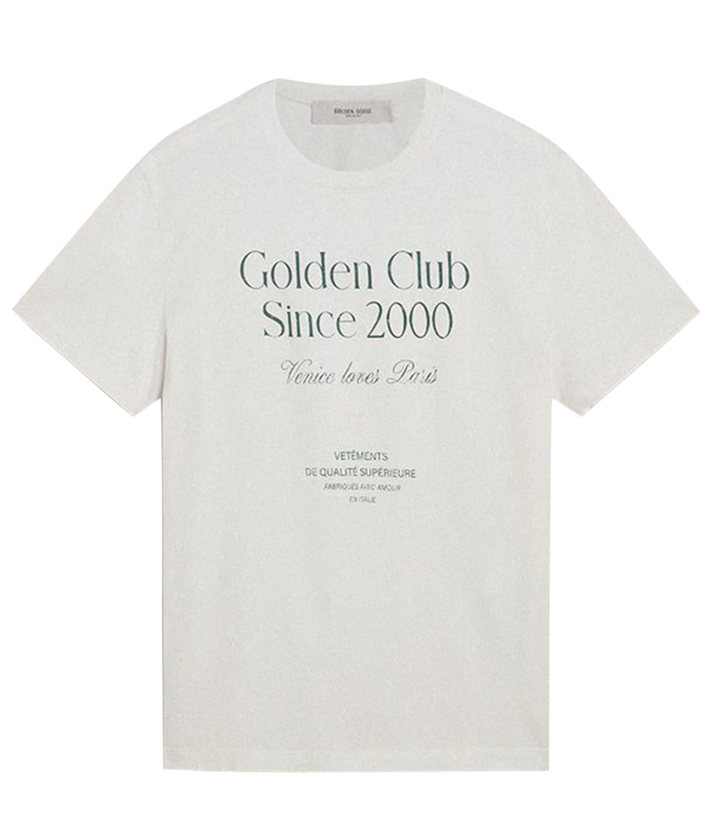 White short-sleeve tee with green ‘Golden Club Since 2000’ print and star detail on back, made from soft cotton.