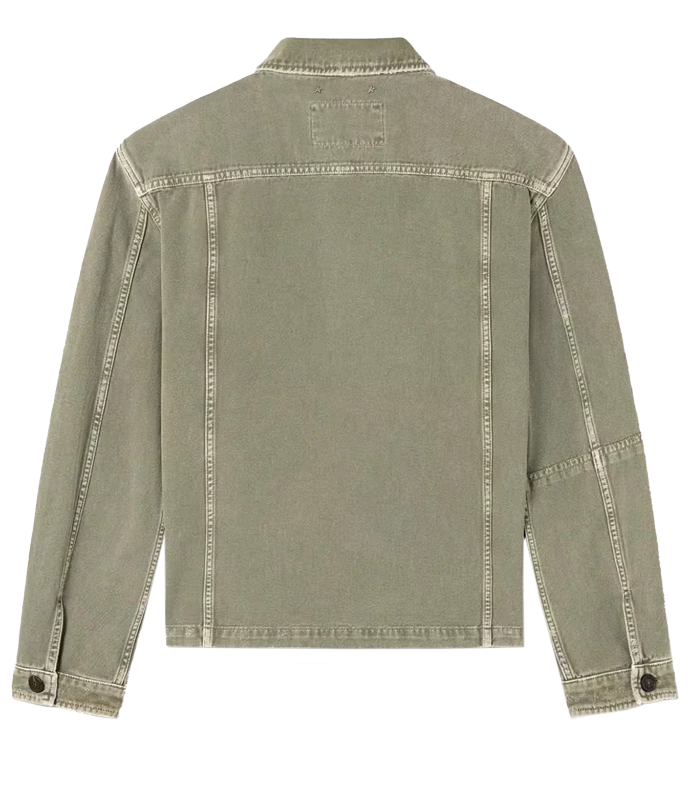 The back view of a cropped, long-sleeve denim jacket in a washed sage green color, featuring contrast stitching and buttoned cuffs, shown on a plain white background.