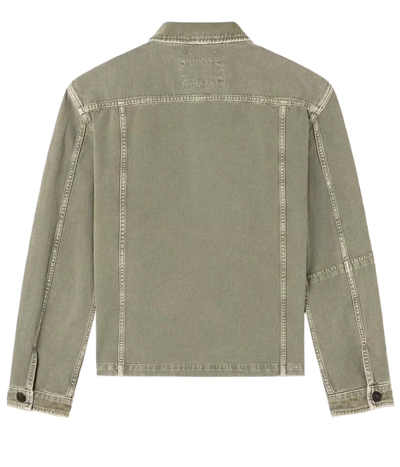 The back view of a cropped, long-sleeve denim jacket in a washed sage green color, featuring contrast stitching and buttoned cuffs, shown on a plain white background.